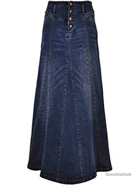 High Rise Distressed Wash Denim Skirt A Line Swing Maxi Long Jean Skirts
